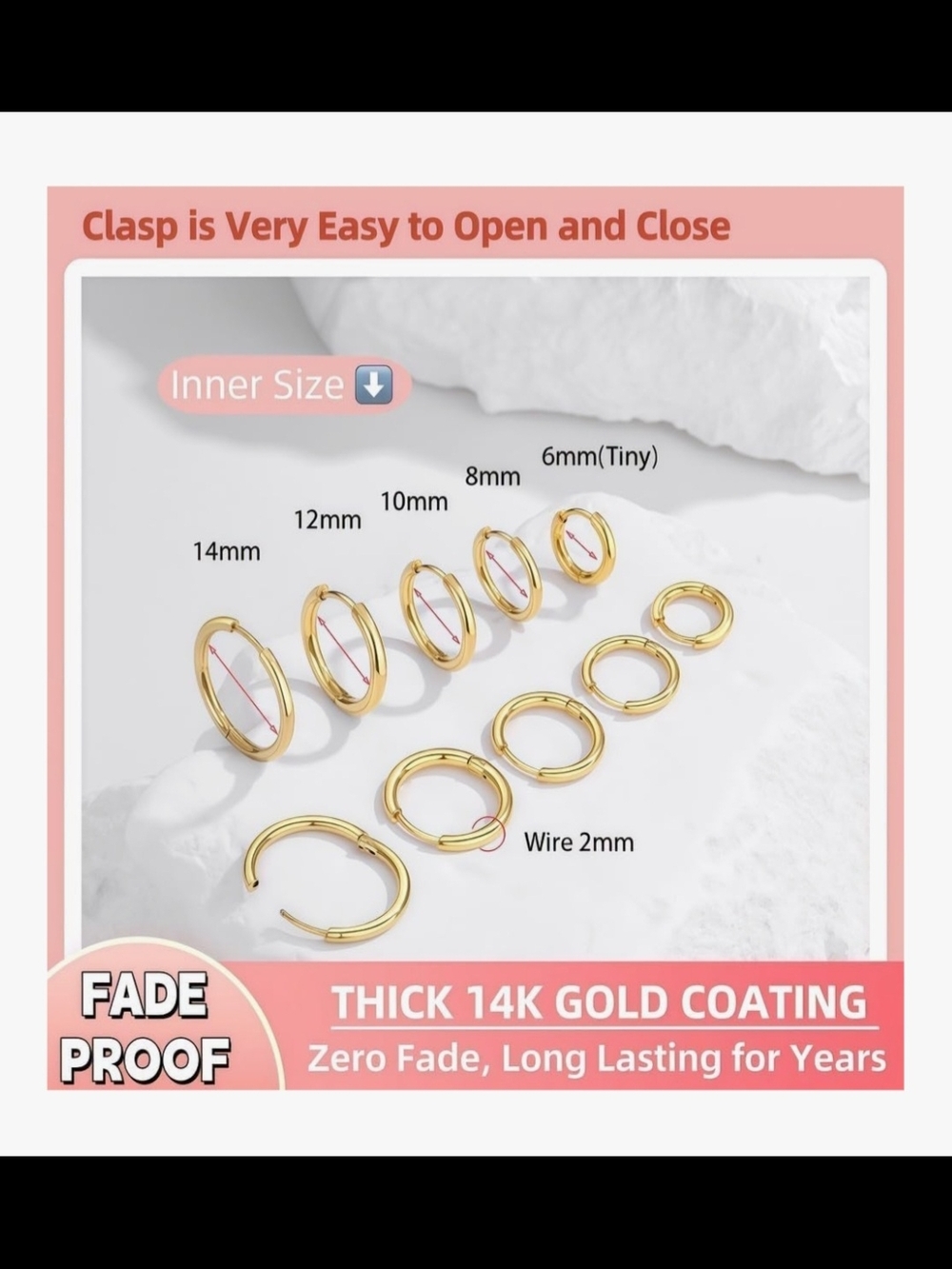 14K Gold Plated Huggie Hoop Earrings Pick Size 6mm 8mm 10mm 12mm 14mm NWT - Picture 10 of 10